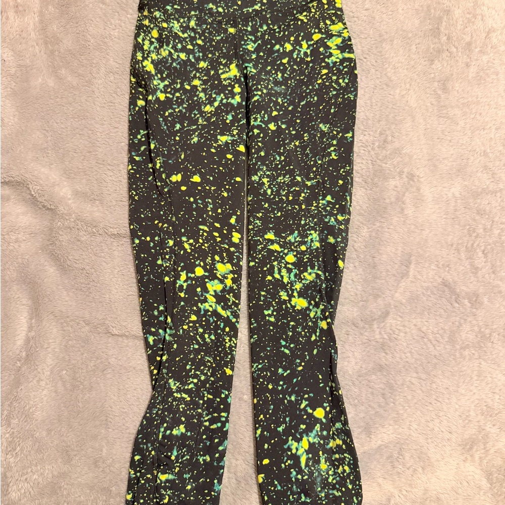 Lululemon Black Active Leggings with Neon Green & Yellow Splatter